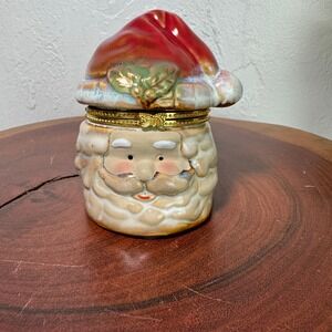 Vintage Santa Claus Limoges Ceramic Trinket Box Christmas Decor Gold Bow Clasp